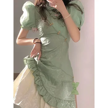 Vintage Rochie De Printesa Femei Elegante Verde Stand Guler Buton De Metal Jacquard Împletit Puff Maneca Cheongsam Plus Dimensiune Qipao - Imagine 1  