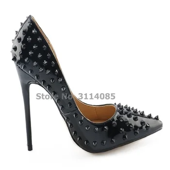 Vânzare fierbinte Sexy Negru Nituri Stilet Tocuri Ascuțite Toe din Piele de Brevet Pompe Rochie Pentru Femei Ultra Toc Înalt Pantofi cu tinte US10 - Imagine 2  