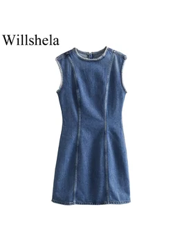 Willshela Femei De Moda Denim Albastru Albastru Cutat Fermoar Spate Mini Rochie De Epocă, O-Neck Fără Mâneci Femei Lady Chic Rochii - Imagine 1  