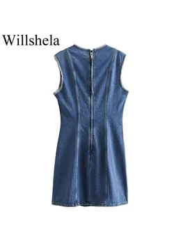 Willshela Femei De Moda Denim Albastru Albastru Cutat Fermoar Spate Mini Rochie De Epocă, O-Neck Fără Mâneci Femei Lady Chic Rochii - Imagine 2  