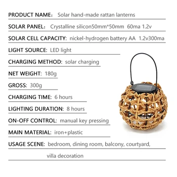 În aer liber, Solar Rattan Lumina Cu Maner,rezistent la apa LED Lampă de Pandantiv,Gazon, Terasa,Curte,Veranda - Imagine 2  
